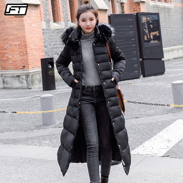 

fitaylor large fur collar down cotton parkas winter women big faux fur hooded with belt jackets female thick snow outwear, Black