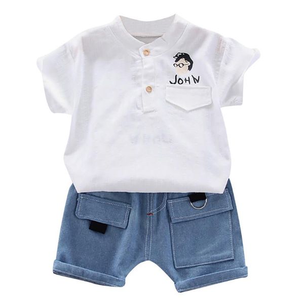 

boys sets clothing cute cartoon letter t-shirt +denim shorts gentleman outfits casual set children's set summer boy clothes, White