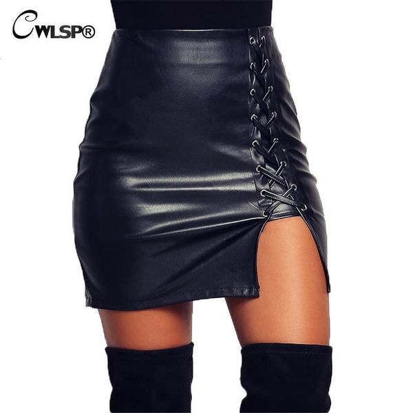 

cwlsp black lace up pu leather spring summer womens side split pencil skirts vintage bodycon mini skirt qz1820 q190426