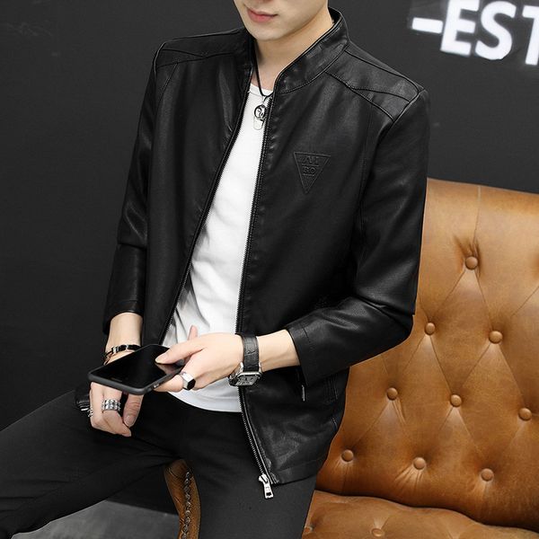 

autumn men's casual leather coat windproof regular coat youth stand collar zipper, Black