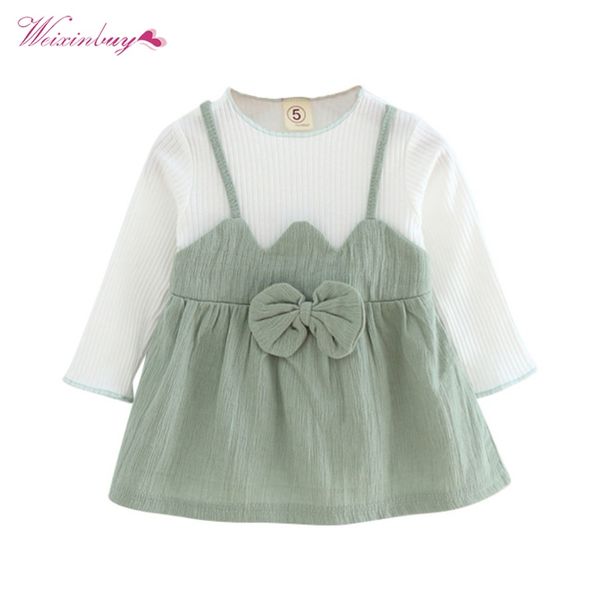 

solid dress for girls cotton suspenders fake two-piece bow long-sleeved autumn spring dress girls clothing, Red;yellow