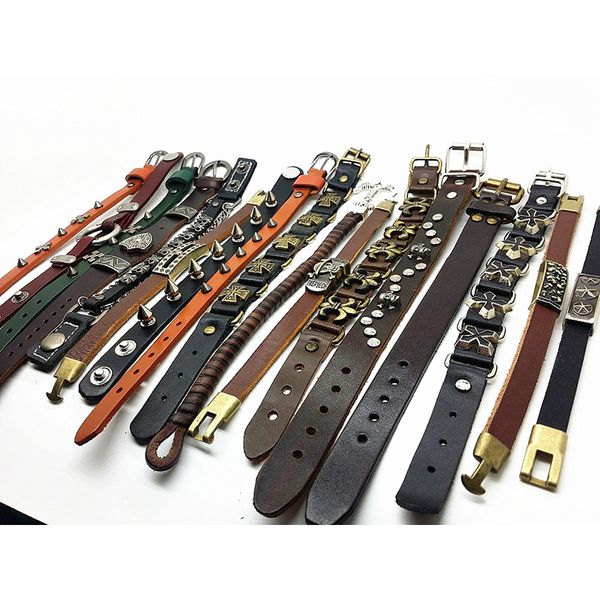 

new 10pcs genuine leather bracelet men's punk rock style black brown cuff anchor bangle jewelry wholesale lots bulk, Golden;silver