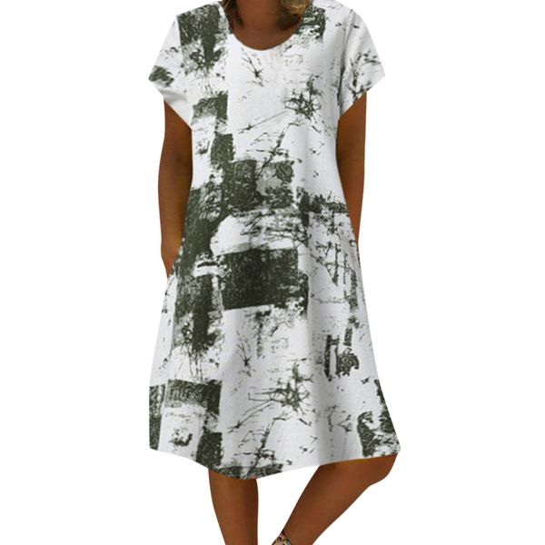 

bodycon casual basic fashion summer dress women casual loose cotton linen round neck short sleeve print dress drop shipping, Black;gray