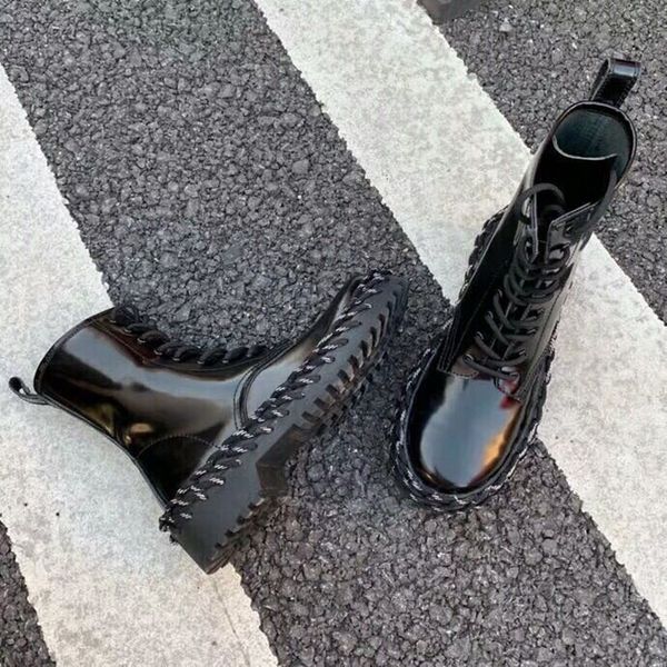 

classicbalenciaga woven bottom martin boots female winter new leather thick-soled tie british tube short boots black vintage