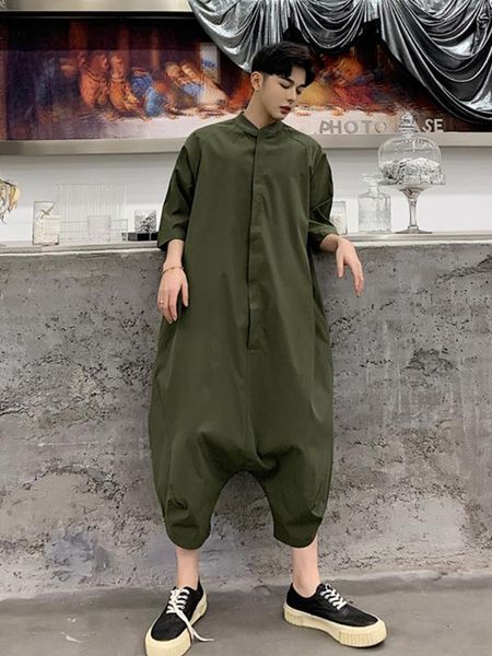 

мужчины лето с коротким рукавом тонкий повседневная рубашка комбинезон мужской harajuku streetwear сыпучие шаровары комбинезоны комбинезон h, Black