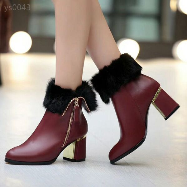 

boots women short boots 2019 winter new leather high-heeled women's boots plus velvet thick outdoor short leather boot, Black