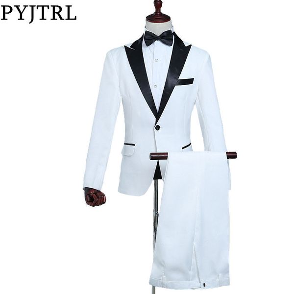 Pyjtrl Erkek Klasik Siyah Yaka Beyaz Takım Elbise Sahne Şarkıcı Kostüm Suit Son Pantolon Ceket Tasarımları Slim Fit Smokin Erkekler Için C19041801
