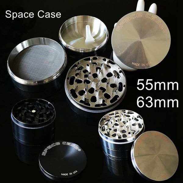 Space Case Herb Grinder Grinder in metallo in lega di zinco 55mm 63mm 4 strati Argento Colore nero Tabacco Spacecase Crusher 5921SC