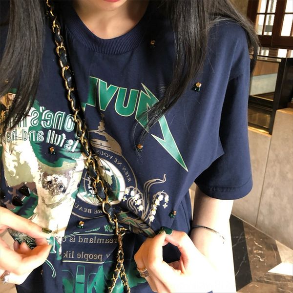 

2020 navy blue heavy industry short-sleeved t-shirt women's loose t-shirt casual wear versatile casual top, White