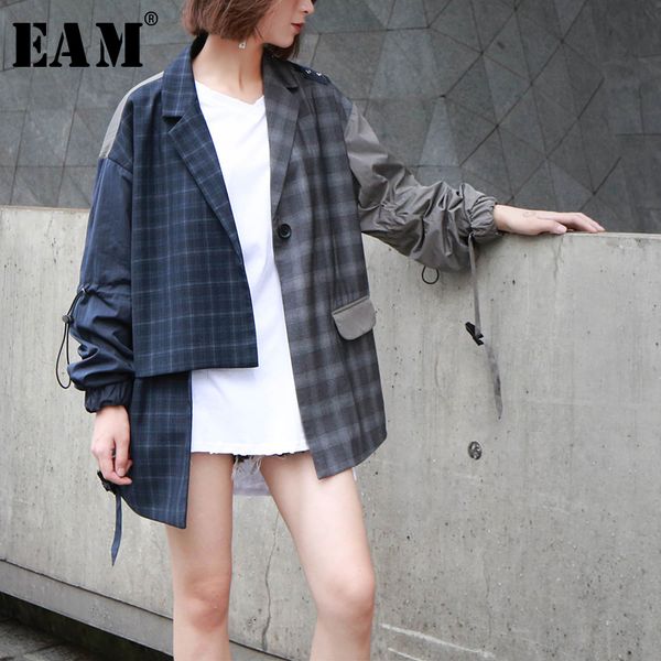 

eam] 2019 new spring summer lapel long sleeve blue hit color plaid loose big size irregular jacket women coat fashion jq276, Black;brown