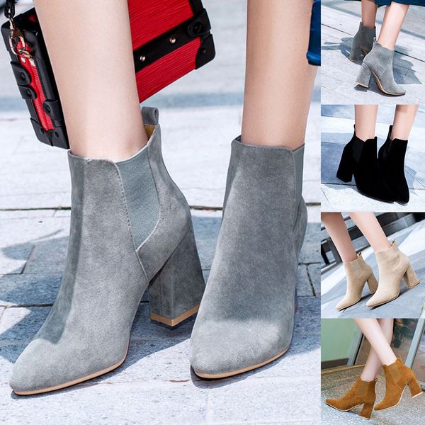 

custom new brand ladies ankle boots zipper mid square heels platform for ladies buckle footwear women's shoes solid mujer, Black