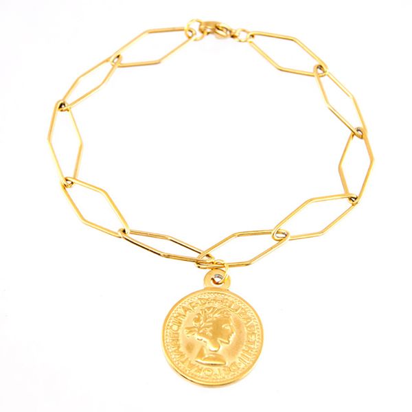

gold /silver stainless steel vintage medal coin pendant bracelet women's rhombus chain circle bracelets for women gift, Golden;silver