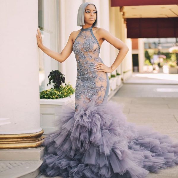 

stunning beaded mermaid backless prom dresses halter neck appliqued sequined evening gowns sweep train tulle ruffled formal dress, Black