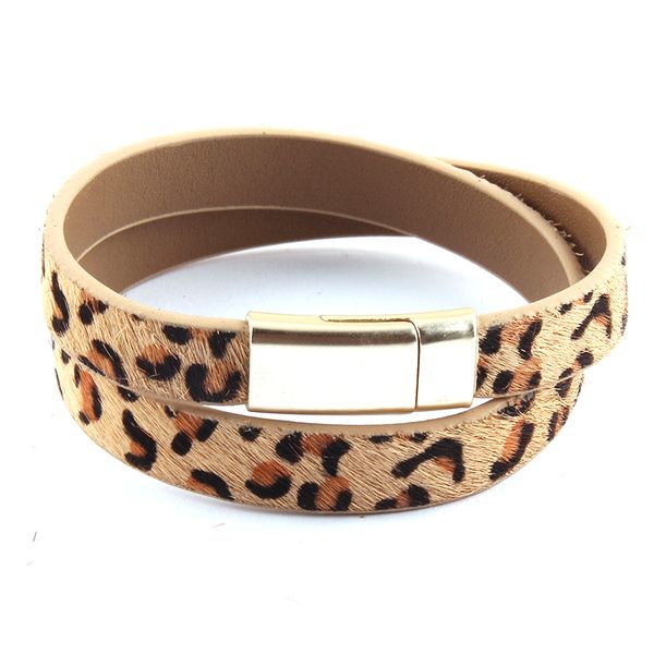 

md fashion women armbander magnetic clasp double row real leopard horsetail leather wrap bracelets, Golden;silver