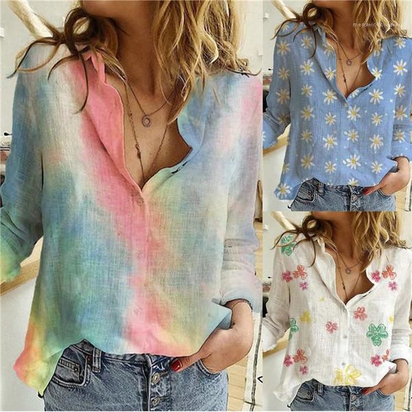 

casual fashion lapel neck long sleeve blouses for women spring print clothing 3xl womens flower shirts, White