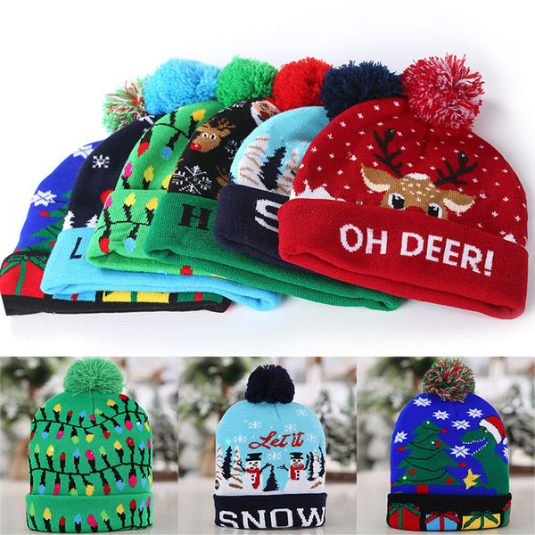 

led snowman christmas tree knitted cap party hats women children warm hair ball light up hip-hop beanies hat 6 color wx9-1773