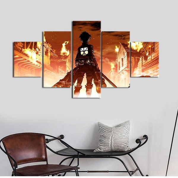 

5pcs/set unframed attack on titan on fired anime poter painting on canvas wall art picture for living room decor