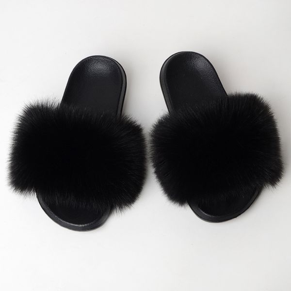 

monochrome solid color imitation fox fur slippers women summer fashion simple indoor non-slip fluffy fox fur sandals, Black