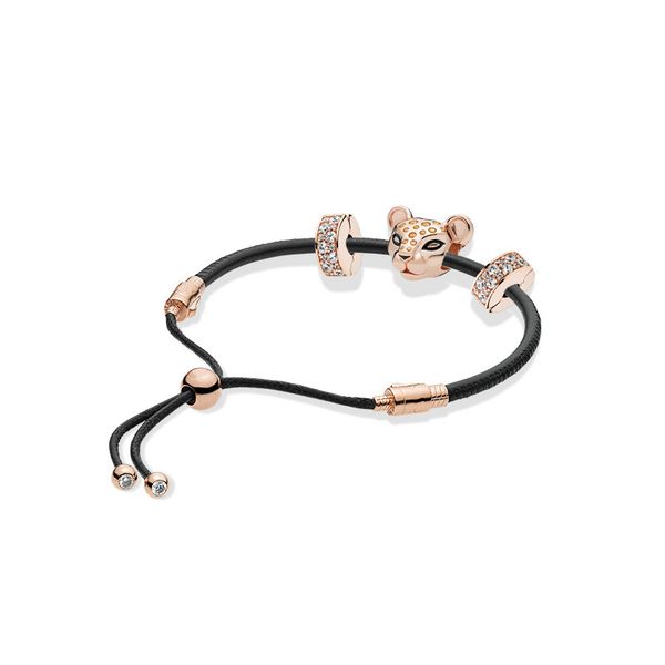 

summer 925 sterling silver bead charm rope fit original branded rose black leather sliding pan bracelet women diy jewelry, Golden;silver