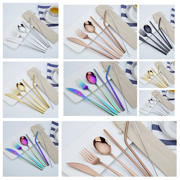 

new pcs 1set stainless steel cutlery set knife fork spoon straw with cloth pack kitchen dinnerware tableware kit flatware setst2i55413