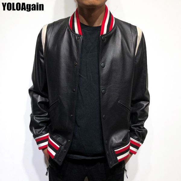 

yoloagain men's genuine leather jacket male long sleeve striped black real sheep leather jacket