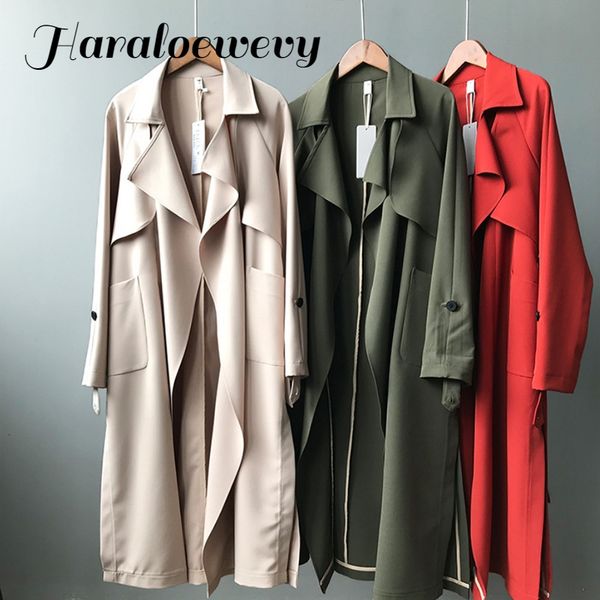 

2019 new long women belt trenches knee length fashion asymmetric high street coats slim waisted casual trenches midi red, Tan;black