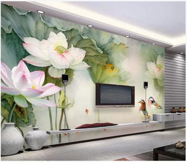 Wholesale-3D-Fototapete individuelle 3D Wandmalereien Tapeten Haus und reich Goldfisch Spiel Blumen Wand Wohnzimmer TV Hintergrund Tapeten