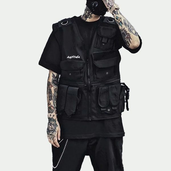 

hip hop sleeveless vests side cargo waistcoat with pockets zipper jacket streetwear tactical vest sweatshirts dg148, Black;white