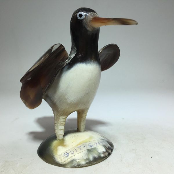 

old decorative horn figurine bird w/glass eyes, Pink;blue