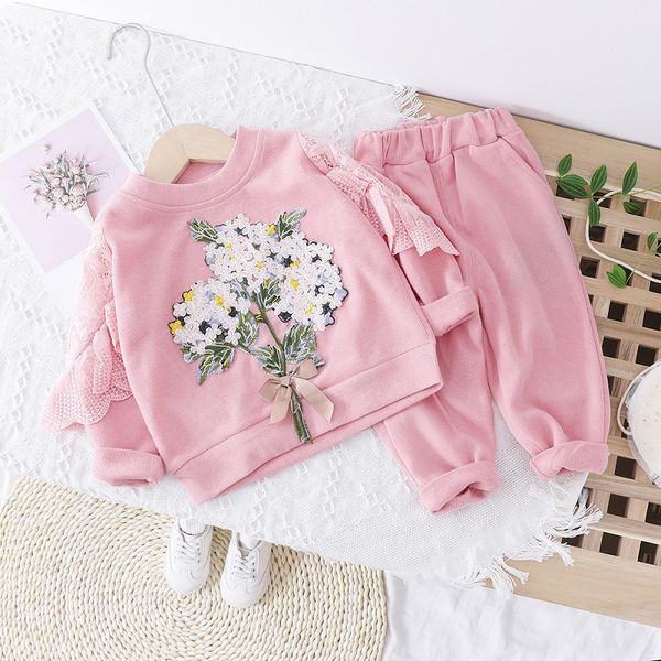 

infant clothes spring autumn toddler baby girls clothes sets comfortable leisure lace 3d bouquet +pants 2pcs, White