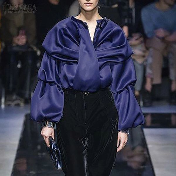 

zanzea 2020 fashion women's satin blouse spring shirt casual puff sleeve blusas female v neck bow tie oversized tunic 5xl, White