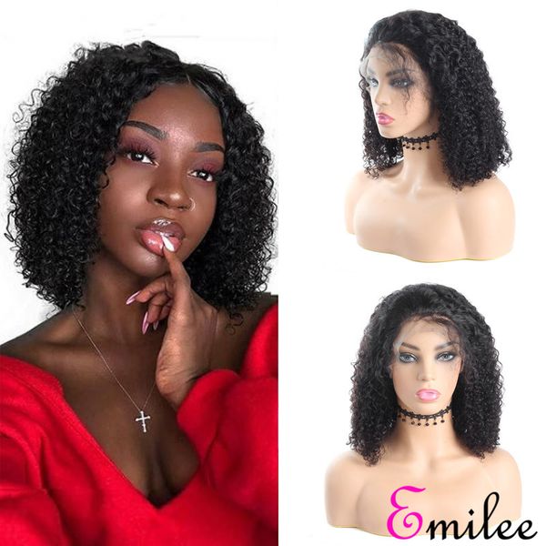 

emilee jerry curly lace bob wigs pre-plucked remy short bob wig malaysian 14 inch curly hair wigs with baby hair, Black;brown