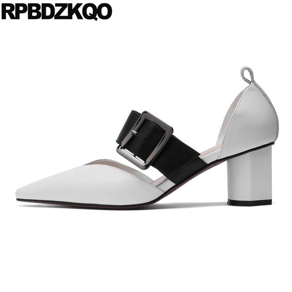 

black white chunky genuine leather medium heels block pointed toe slip on luxury 2019 designer brand shoes women pumps size 4 34
