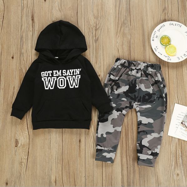 

children boy clothes set baby boys letter coat camouflage pants 2pcs set long sleeve designer hoodies pant suits kids outfits 50lots dw4314, White