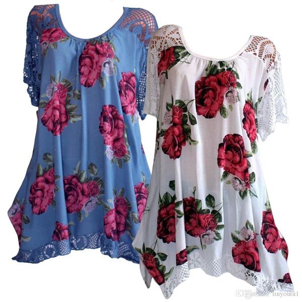 

2020 plus size vintage womens and blouses summer lace patchwork floral printed short sleeve shirt 2018 tunic blusas feminina, White