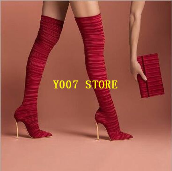 

2019 women black red beige stretch satin over the knee high boots ladies party high heels shoes woman plus size 35-42