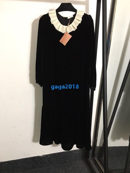 

high end женщины девушки бархат миди рубашка платье лоскутное плиссированные круглый вырез с длинным рукавом трапеция юбка milano взлетно-по, Black