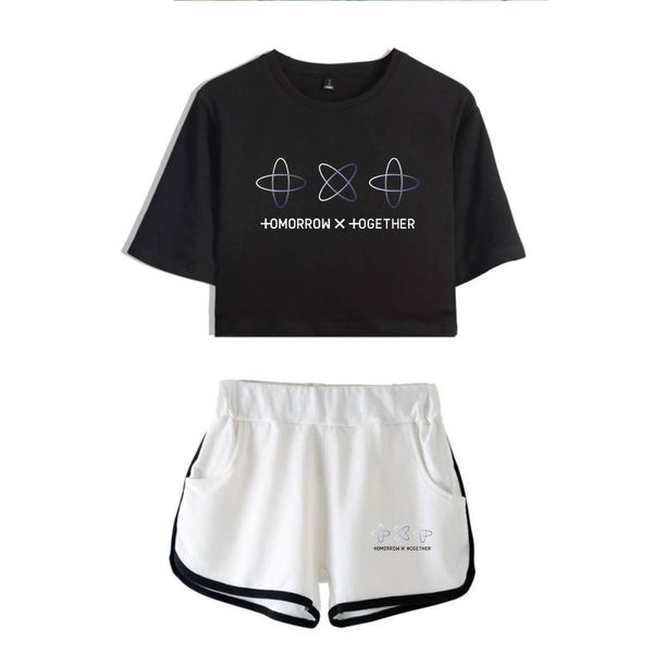 

fadun tomorrow x together summer kpops women two piece set shorts and t-shirts clothes 2019 print plus size xxl, White