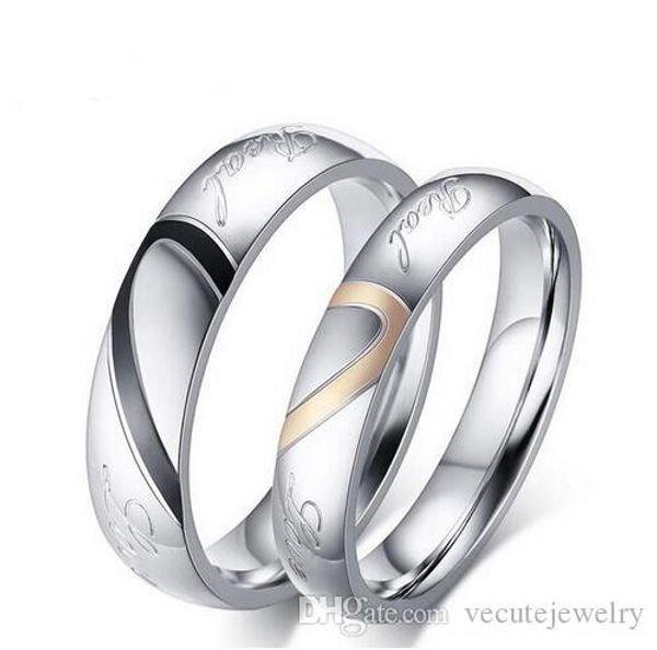 

18k white gold plated stainless steel love heart couple ring lover's jewelry size 4-15, Silver