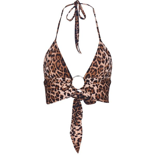 

leopard printed halter crop women camis backless bandage lace up sequins metal ring tank party club bustie, White