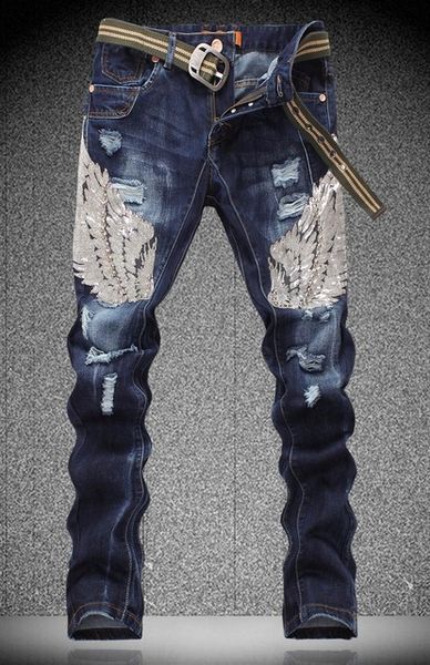 Erkek kot moda-erkek kartal kanatları nakış dikiş payetleri delik kot ince pantolonlar şeritli robin kot pantolon