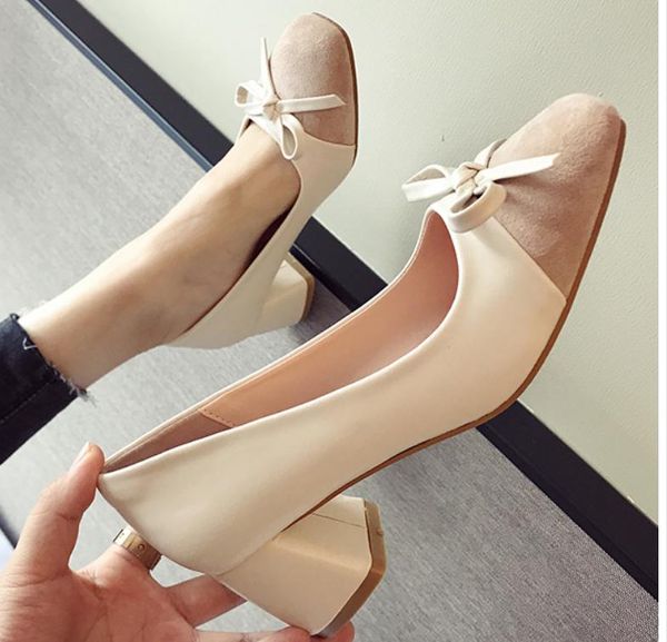 

2020 women's shoes in spring and autumn with new style high heel coarse heel square head suede bowknot@9092, Black