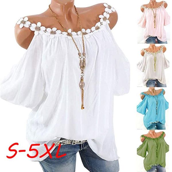 

plus size women applique collar flower solid strapless t-shirt 2020 casual streetwear women pullover plus size t-shirt, White