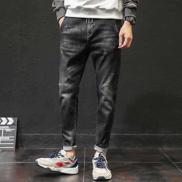

drawstring jeans men stretch slim fashion wash retro casual denim pants men streetwear hip hop small feet jeans trousers man, Blue