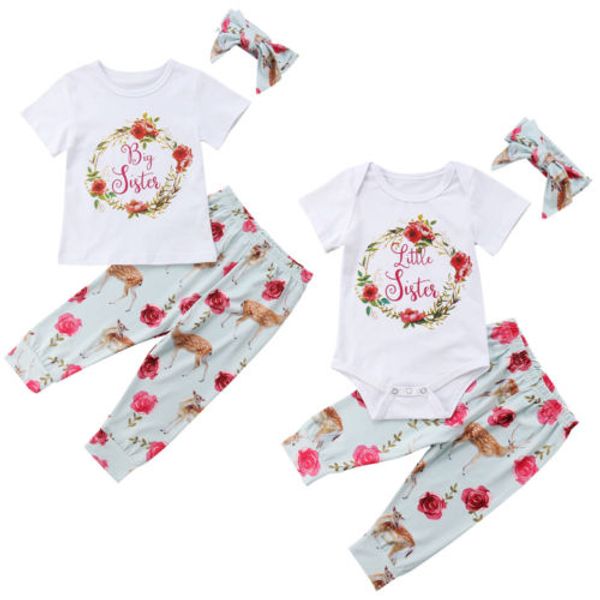 

new adorable baby girl sister floral clothes set kids girls romper t-shirt long pants toddler outfits children clothing, White