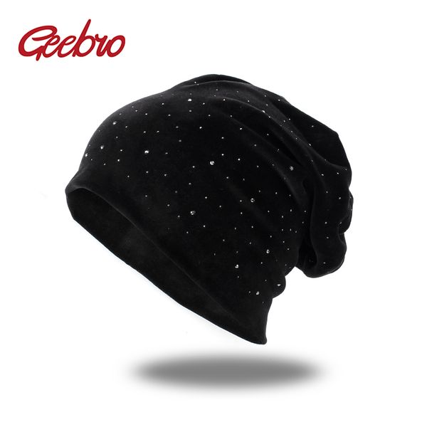 

geebro new women's hat rhinestones beanie winter warm cap for women girls cotton caps female casual hats solid skullies beanies, Blue;gray