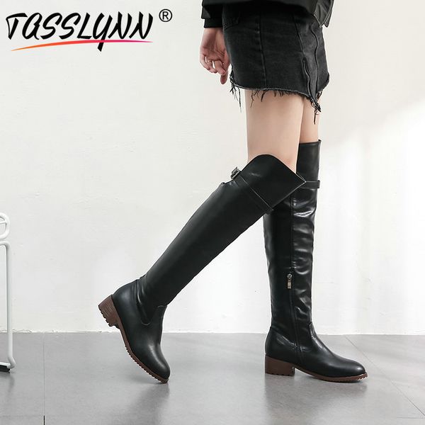 

tasslynn 2019 boots women riding equestrian slip-on round toe knee-high boots pu warm plush fashion winter women shoes 34-43, Black