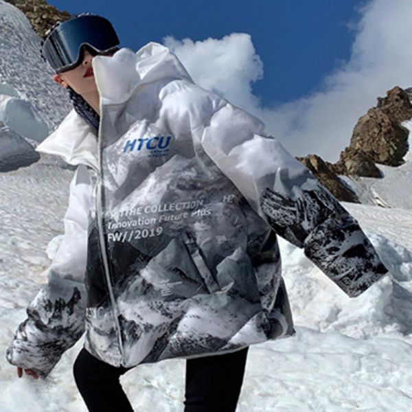 

2019winter warm long letter print hoodies waterproof jacket women casual padded coat hip streetwear thick loose parka, Black