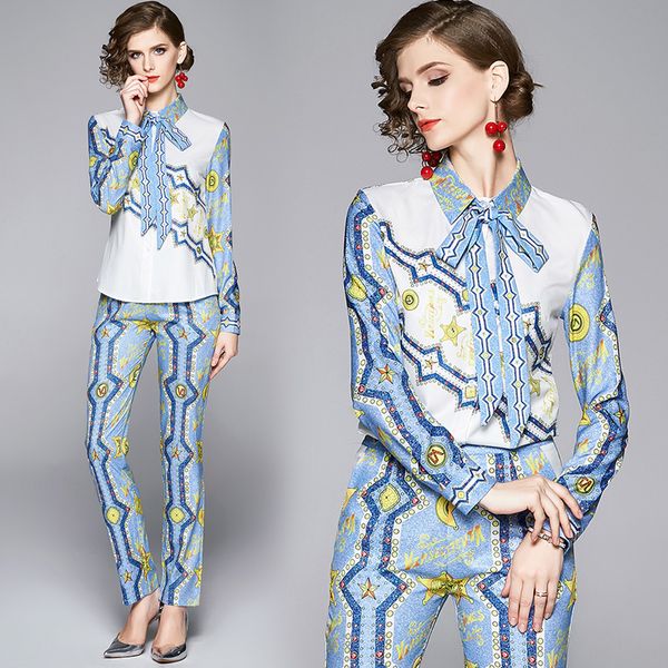 

new women's fashion two piece pants runway printed long sleeve bow shirt and long pants 2 pcs set elegant ladies designer two piece set, White
