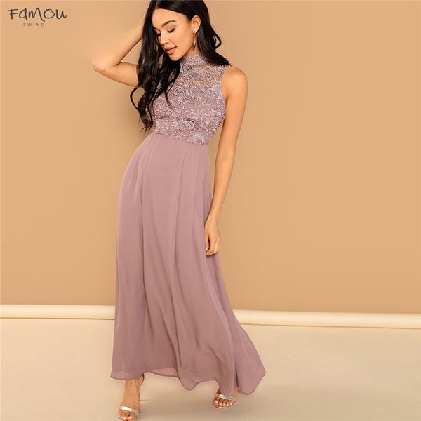 

Guipure Pink Lace Overlay Bodice Maxi Dress Elegant Plain Stand Collar Sleeveless Party Dresses Women Autumn A Line Dress